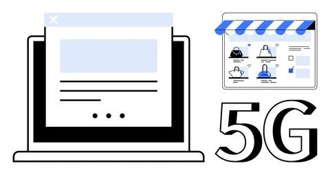 E-commerce Website on Laptop Screen with 5G Network Connectivity Symbol Stock Illustration