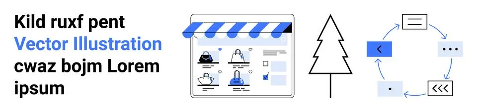 E-commerce website with a storefront, minimalistic tree outline, data flow di Stock Illustration