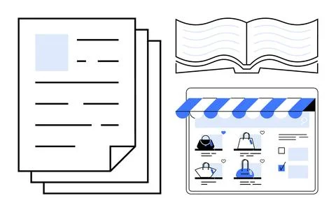 E-commerce website on tablet next to documents and open book. Ideal for onlin Stockillustratie