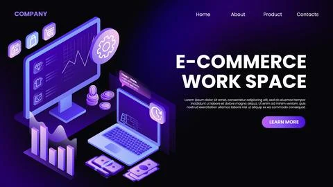 E-Commerce Work Space Banner. Landing Page Horizontal Mockup Stock Illustration