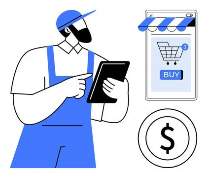 E-commerce Worker Managing Online Store with Tablet and Mobile Shopping App Stock Illustration