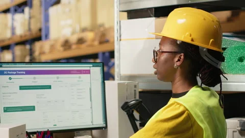 E-commerce worker scanning awb tags on cargo pallets for system registration Stock Footage 315709419