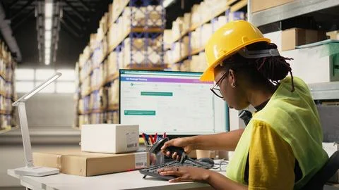 E-commerce worker scanning awb tags on cargo pallets for system registration Fotos Stock