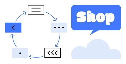 E-commerce Workflow with Circular Arrows and Shop Sign Speech Bubble Stockillustratie