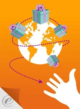 E-commerce: the world in your hand A hand near the world sorrounded by gif... Stock Photos