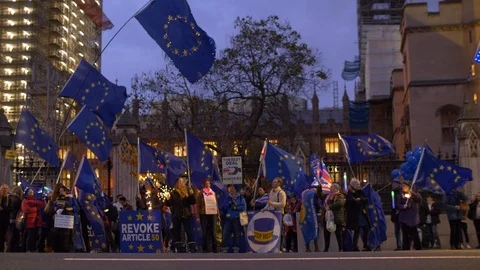 E A cyclist passes EU BREXIT supporters outside Parliament slow motion 4K Stock Footage 122225743