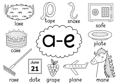 A-e digraph spelling rule black and white educational poster for kids with words Stock Illustration