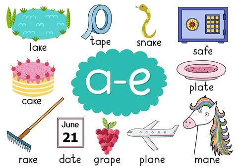 A-e digraph spelling rule educational poster set for kids Stock Illustration