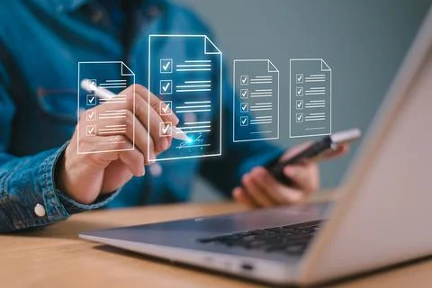 E-document contract management concept. Online digital signature business, pa Stock Photos