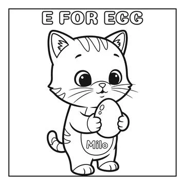 E For Egg Alphabet Coloring Page Cute Milo Cat Holding Egg Kids Educational.. Stock Illustration