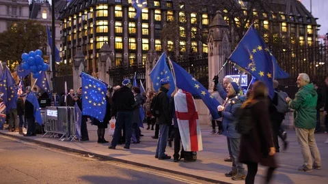 E EU lady supporter yelling outside Parliament 4K Stock Footage 122202242