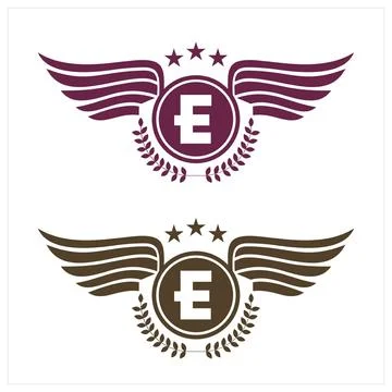 E initials logo in badge star wing shape illustration Stock Illustration