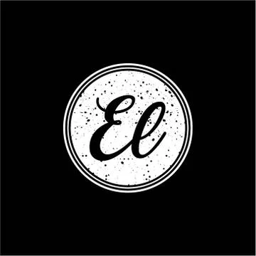 E L Initial Handwriting In Black and White Circle Frame Design Stock Illustration