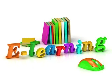 E-learning 3d inscription bright volume letter and textbooks on white backgro Stock Illustration