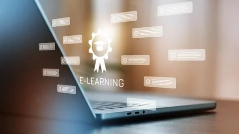E learning activities on a laptop with certification icons and text bubbles Stock Photos