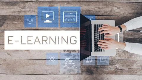 E learning activities taking place on a laptop with online tools and resources Stock Photos