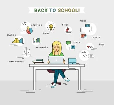 E-learning and back to school illustration of young girl using laptop Stock Illustration