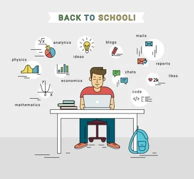 E-learning and back to school illustration of young guy using laptop Illustrazione stock