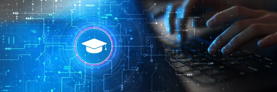 E-learning and Digital Education Platform Illustrated on Futuristic Interface Fotos de archivo