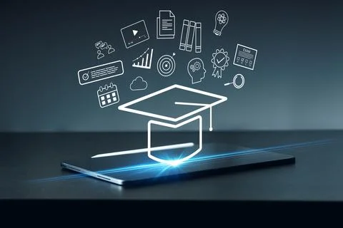 E learning and digital education using modern technology with different Stock Photos