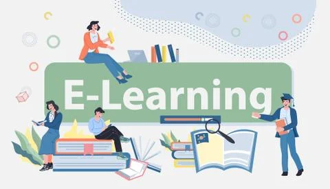 E-learning and distance education banner with tiny people vector illustration Stock Illustration