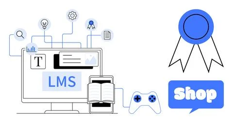 E-learning and Gamification in Modern Education with Online Shopping and Ce.. Illustrazione stock
