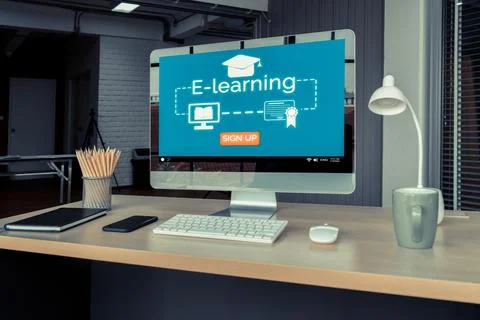 E-learning and Online Education for Student and University Concept. Stock Illustration
