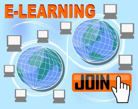 E-learning banner with group of computers around the globe, button join, hand Illustrazione stock