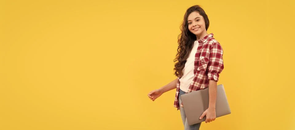 E-learning is a better way of learning. Happy girl child carry laptop. E Stock Photos