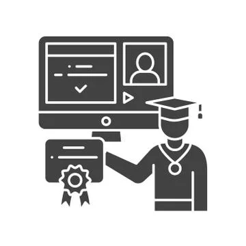 E-learning black glyph icon. Online education website concept. Study program, Stockillustratie