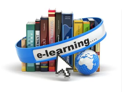 E-learning. books and earth on white background. Stock Illustration