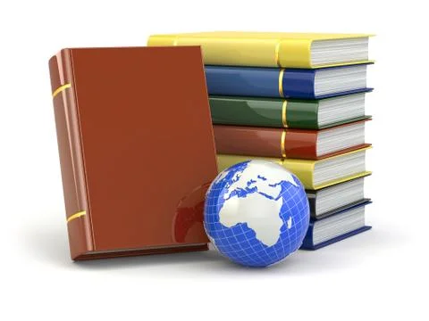 E-learning. books and earth on white background. Illustrazione stock