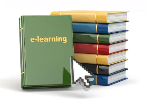 E-learning. books and mouse cursor on white background. Illustrazione stock
