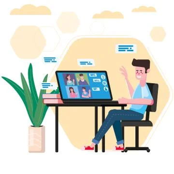E-learning boy studying with computer and books, smile. The concept of online Stock Illustration
