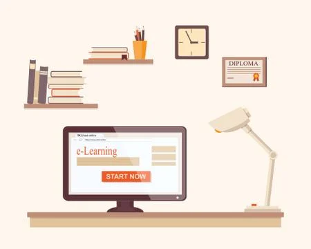E-learning with computer screen on the desk Stock Illustration