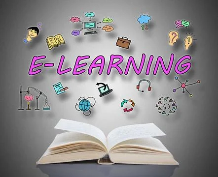 E-learning concept above a book Stock-Fotos