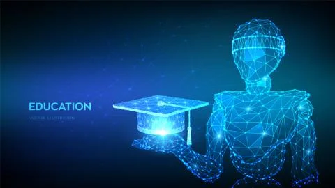 E-learning concept. Abstract 3d low polygonal robot holding Graduation cap or Illustrazione stock