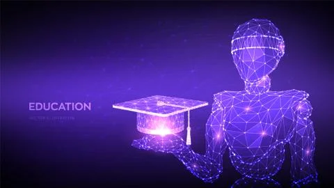 E-learning concept. Abstract 3d low polygonal robot holding Graduation cap or Illustrazione stock