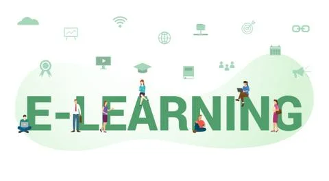 E-learning concept with big word or text and team people with modern flat sty 스톡 일러스트