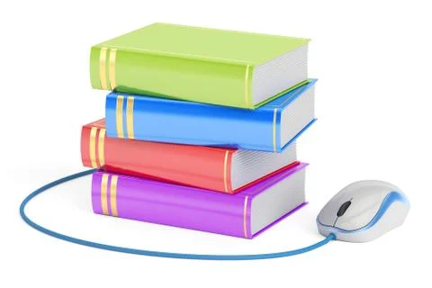 E-learning concept, books with computer mouse. 3D rendering Stock Illustration