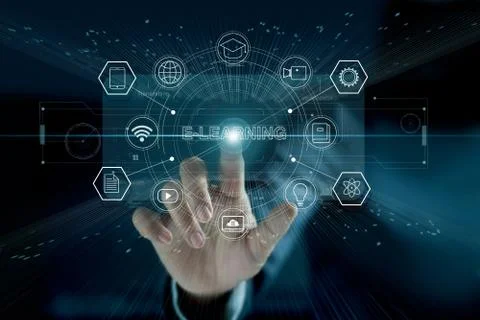 E-learning concept. Businessman touching a modern virtual interface with icon Fotos de archivo
