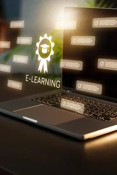 E learning concept with computer and digital symbols showing online education Stock Photos