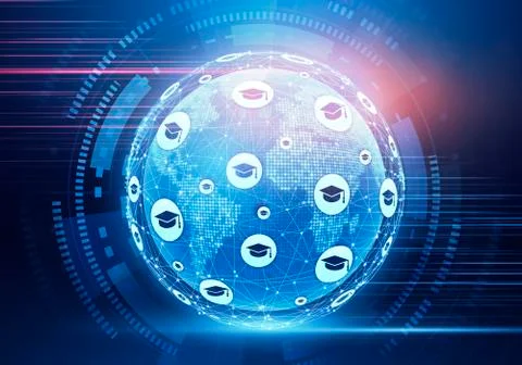 E-learning Concept. Creative Illustration Of Digital Globe With Graduation Cap Illustrazione stock