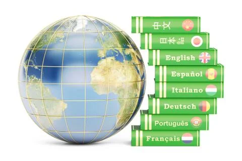 E-learning concept, dictionaries with Globe. 3D rendering 스톡 일러스트