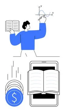 E-learning Concept with Digital Tablet, Open Book, Graph, and Coins Falling Illustrazione stock