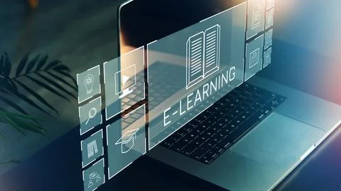 E learning concept displayed on a laptop screen with various digital icons and Stock Photos