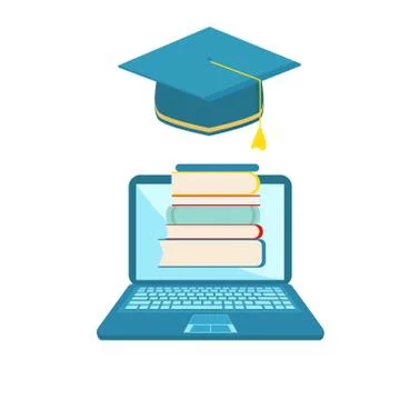 E-learning concept, distance education, school avatars. Laptop with books. Fl Stock Illustration