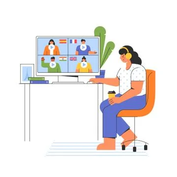 E-learning concept. Girl is studying a foreign language online. Stock Illustration