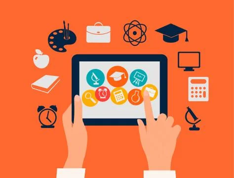 E-learning concept. hands touching a tablet with education icons. vector. Stock Illustration