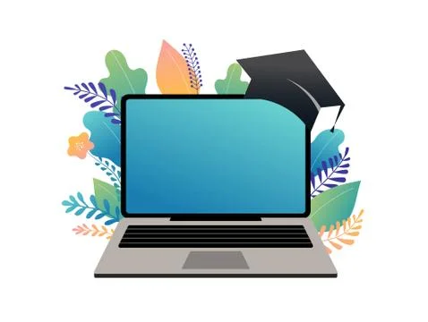 E-learning concept illustration. Big laptop with a square academic cap Stock Illustration